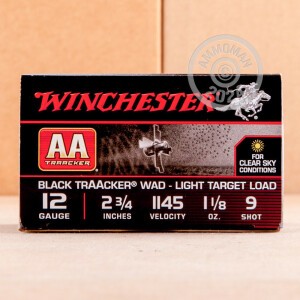 Photograph showing detail of 12 GAUGE WINCHESTER AA BLACK TRAACKER LIGHT TARGET LOAD 2 3/4“ 1 1/8 OZ. #9 SHOT (25 ROUNDS)