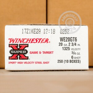 Photo detailing the 20 GAUGE WINCHESTER SUPER-X XPERT HIGH VELOCITY GAME AND TARGET 2-3/4“ 3/4 OZ. #6 SHOT (25 ROUNDS) for sale at AmmoMan.com.