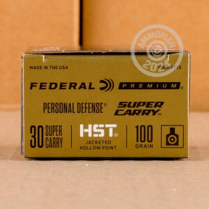 Photo of 30 Super Carry Jacketed Hollow-Point (JHP) ammo by Federal for sale at AmmoMan.com.