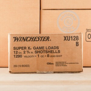 Image of the 12 GAUGE WINCHESTER SUPER-X GAME LOADS 2-3/4“ 1 OZ. #8 SHOT (250 ROUNDS) available at AmmoMan.com.