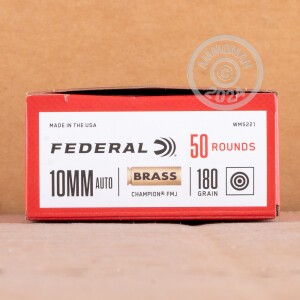 Photo detailing the 10MM AUTO FEDERAL CHAMPION 180 GRAIN FMJ (1000 ROUNDS) for sale at AmmoMan.com.