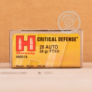 Photo detailing the 25 ACP HORNADY CRITICAL DEFENSE 35 GRAIN FTX (250 ROUNDS) for sale at AmmoMan.com.