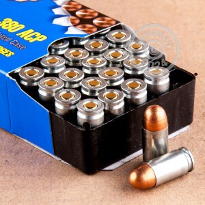 A photograph detailing the .380 Auto ammo with FMJ bullets made by Silver Bear.