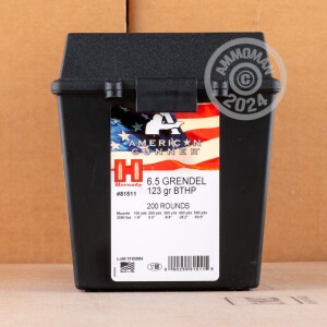 Photo detailing the 6.5 GRENDEL HORNADY AMERICAN GUNNER IN FIELD BOX 123 GRAIN BTHP (200 ROUNDS) for sale at AmmoMan.com.