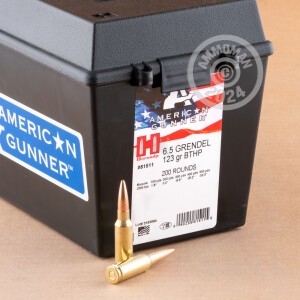 Photograph showing detail of 6.5 GRENDEL HORNADY AMERICAN GUNNER IN FIELD BOX 123 GRAIN BTHP (200 ROUNDS)