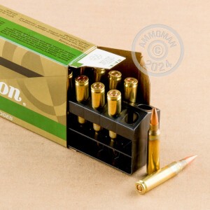 A photograph of 20 rounds of 69 grain 223 Remington ammo with a Hollow-Point Boat Tail (HP-BT) bullet for sale.