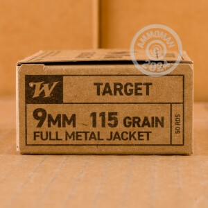 Image of the 9MM WINCHESTER SERVICE GRADE 115 GRAIN FMJ FN (500 ROUNDS) available at AmmoMan.com.