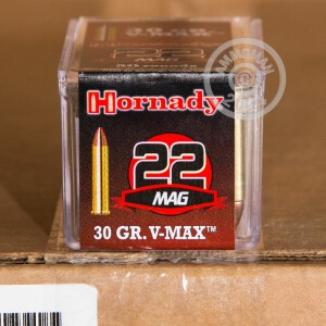 Photo detailing the 22 WMR HORNADY 30 GRAIN V-MAX POLYMER TIP (500 ROUNDS) for sale at AmmoMan.com.