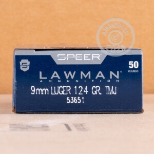 Photograph showing detail of 9MM LUGER SPEER LAWMAN 124 GRAIN TMJ (50 ROUNDS)