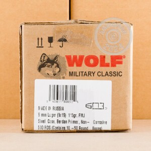 Image of the 9MM LUGER WOLF WPA MILITARY CLASSIC 115 GRAIN FMJ (50 ROUNDS) available at AmmoMan.com.