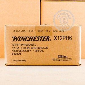 Image of the 12 GAUGE WINCHESTER SUPER PHEASANT 2-3/4" 1-3/8 OZ. #6 SHOT (250 ROUNDS) available at AmmoMan.com.