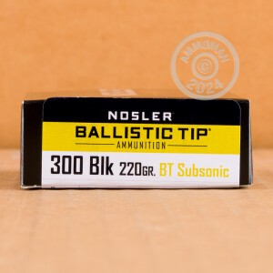 A photograph detailing the 300 AAC Blackout ammo with Nosler Ballistic Tip bullets made by Silver State Armory.