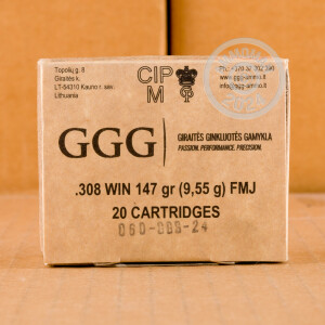 A photograph detailing the 308 / 7.62x51 ammo with FMJ bullets made by GGG Ammunition.