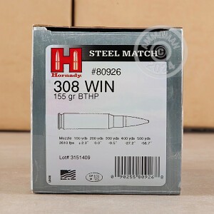 Photograph showing detail of 308 HORNADY STEEL MATCH 155 GRAIN BTHP 50 ROUNDS