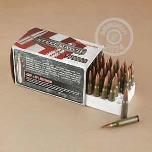 Photo detailing the 308 HORNADY STEEL MATCH 155 GRAIN BTHP 50 ROUNDS for sale at AmmoMan.com.