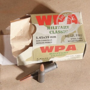 Photo detailing the 5.45X39 WOLF WPA 60 GRAIN FMJ (30 ROUNDS) for sale at AmmoMan.com.
