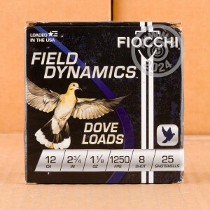 Image of the 12 GAUGE FIOCCHI DOVE LOADS 2-3/4" #8 SHOT (250 SHELLS) available at AmmoMan.com.