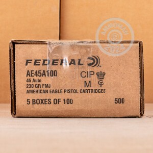 Photograph showing detail of .45 ACP FEDERAL AMERICAN EAGLE 230 GRAIN FMJ (100 ROUNDS)