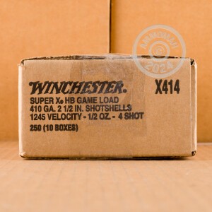 Photo detailing the 410 BORE WINCHESTER SUPER-X 2-1/2" 1/2 OZ. #4 SHOT (250 ROUNDS) for sale at AmmoMan.com.
