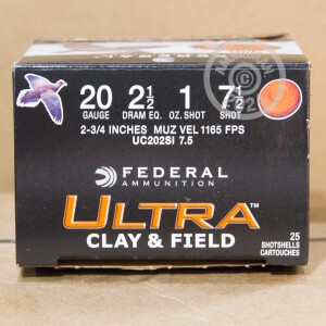 Photo detailing the 20 GAUGE FEDERAL ULTRA HEAVY FIELD & CLAY 2-3/4" GRAIN #7.5 SHOT (25 ROUNDS) for sale at AmmoMan.com.