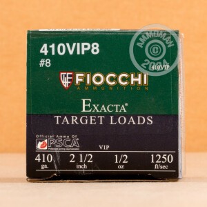Photograph showing detail of 410 ga - 2-1/2" #8 Target - Fiocchi - 250 Rounds