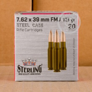 A photograph detailing the 7.62 x 39 ammo with FMJ bullets made by Sterling.