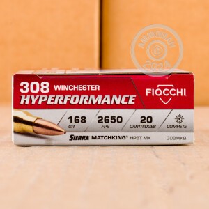 Photo detailing the 308 WINCHESTER FIOCCHI 168 GRAIN SIERRA MATCHKING HPBT (20 ROUNDS) for sale at AmmoMan.com.