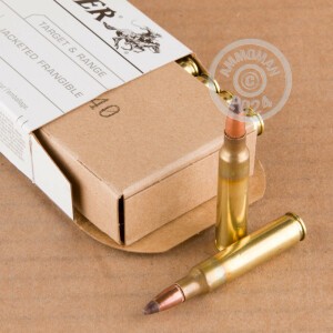 A photograph detailing the 5.56x45mm ammo with frangible bullets made by Winchester.