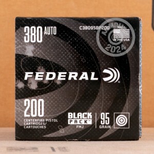 Photo detailing the 380 ACP FEDERAL BLACK PACK 95 GRAIN FMJ (200 ROUNDS) for sale at AmmoMan.com.