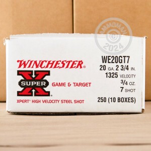 Photo detailing the 20 GAUGE WINCHESTER SUPER-X 2-3/4" #7 SHOT (250 ROUNDS) for sale at AmmoMan.com.