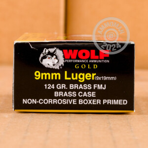 Photo detailing the 9MM WOLF GOLD 124 GRAIN FMJ (1000 ROUNDS) for sale at AmmoMan.com.