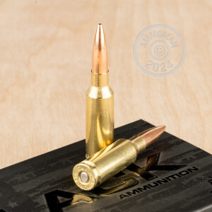 A photograph detailing the 6mm ARC ammo with Hollow-Point Boat Tail (HP-BT) bullets made by Hornady.