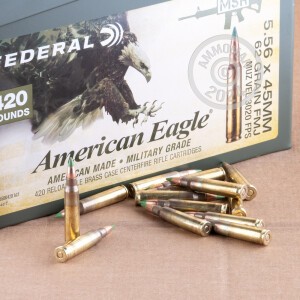 A photograph of 420 rounds of 62 grain 5.56x45mm ammo with a FMJ-BT bullet for sale.
