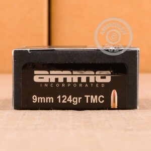 A photograph of 50 rounds of 124 grain 9mm Luger ammo with a TMJ bullet for sale.