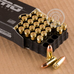 A photograph detailing the 9mm Luger ammo with TMJ bullets made by Ammo Incorporated.