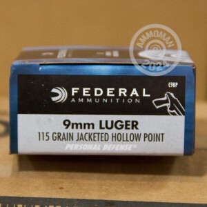 Photo detailing the 9MM FEDERAL PERSONAL DEFENSE 115 GRAIN JACKETED HOLLOW POINT (20 ROUNDS) for sale at AmmoMan.com.