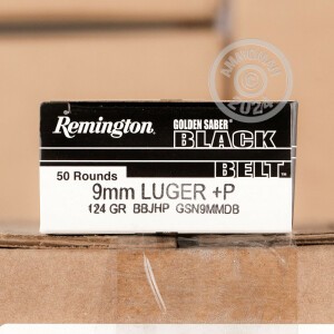 Photograph showing detail of 9MM LUGER +P REMINGTON GOLDEN SABER BLACK BELT 124 GRAIN JHP (50 ROUNDS)