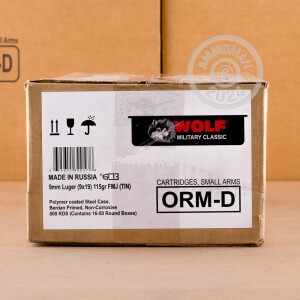 Photo detailing the 9MM WOLF 115 GRAIN FULL METAL JACKET IN SEALED CANS (800 ROUNDS) for sale at AmmoMan.com.