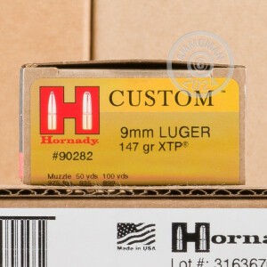 Photograph showing detail of 9MM LUGER HORNADY CUSTOM XTP 147 GRAIN JHP (25 ROUNDS)