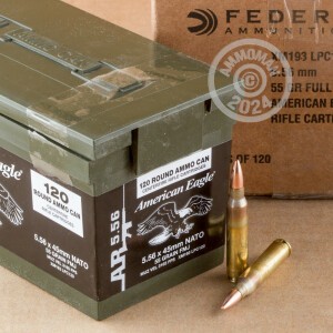 A photograph of 120 rounds of 55 grain 5.56x45mm ammo with a FMJ bullet for sale.