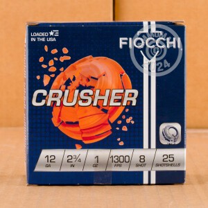 Photo detailing the 12 GAUGE FIOCCHI CRUSHER 2 3/4“ 1 OZ. #8 SHOT (25 ROUNDS) for sale at AmmoMan.com.