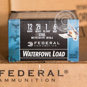 Photo detailing the 12 GAUGE FEDERAL STEEL SHOT WATERFOWL 2-3/4" #6 SHOT (25 ROUNDS) for sale at AmmoMan.com.