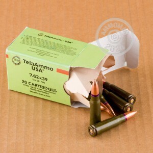 A photograph detailing the 7.62 x 39 ammo with FMJ bullets made by Tela Ammo.