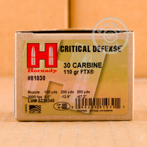Photograph showing detail of 30 CARBINE HORNADY CRITICAL DEFENSE 110 GRAIN JHP (250 ROUNDS)