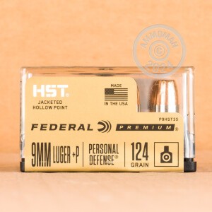 Photo detailing the 9MM +P FEDERAL PERSONAL DEFENSE HST 124 GRAIN JHP (200 ROUNDS) for sale at AmmoMan.com.