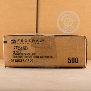Image of the .45 ACP FEDERAL PERSONAL DEFENSE 230 GRAIN JHP (500 ROUNDS) available at AmmoMan.com.