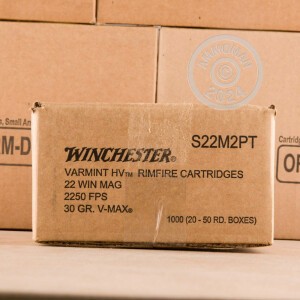 Photo detailing the 22 MAGNUM WINCHESTER VARMINT HIGH VELOCITY 30 GRAIN V-MAX (1000 ROUNDS) for sale at AmmoMan.com.