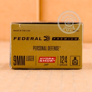 Photo detailing the 9MM LUGER FEDERAL HYDRA-SHOK 124 GRAIN JHP (20 ROUNDS) for sale at AmmoMan.com.