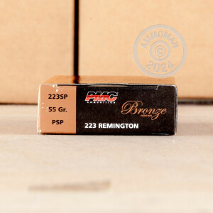 A photograph of 200 rounds of 55 grain 223 Remington ammo with a Pointed Soft-Point (PSP) bullet for sale.