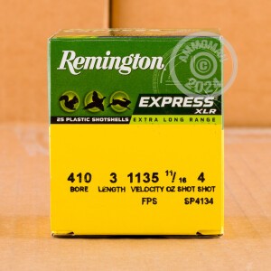 Photo detailing the 410 BORE 3 INCH #4 SHOT REMINGTON EXPRESS LONG RANGE (25 ROUNDS) for sale at AmmoMan.com.